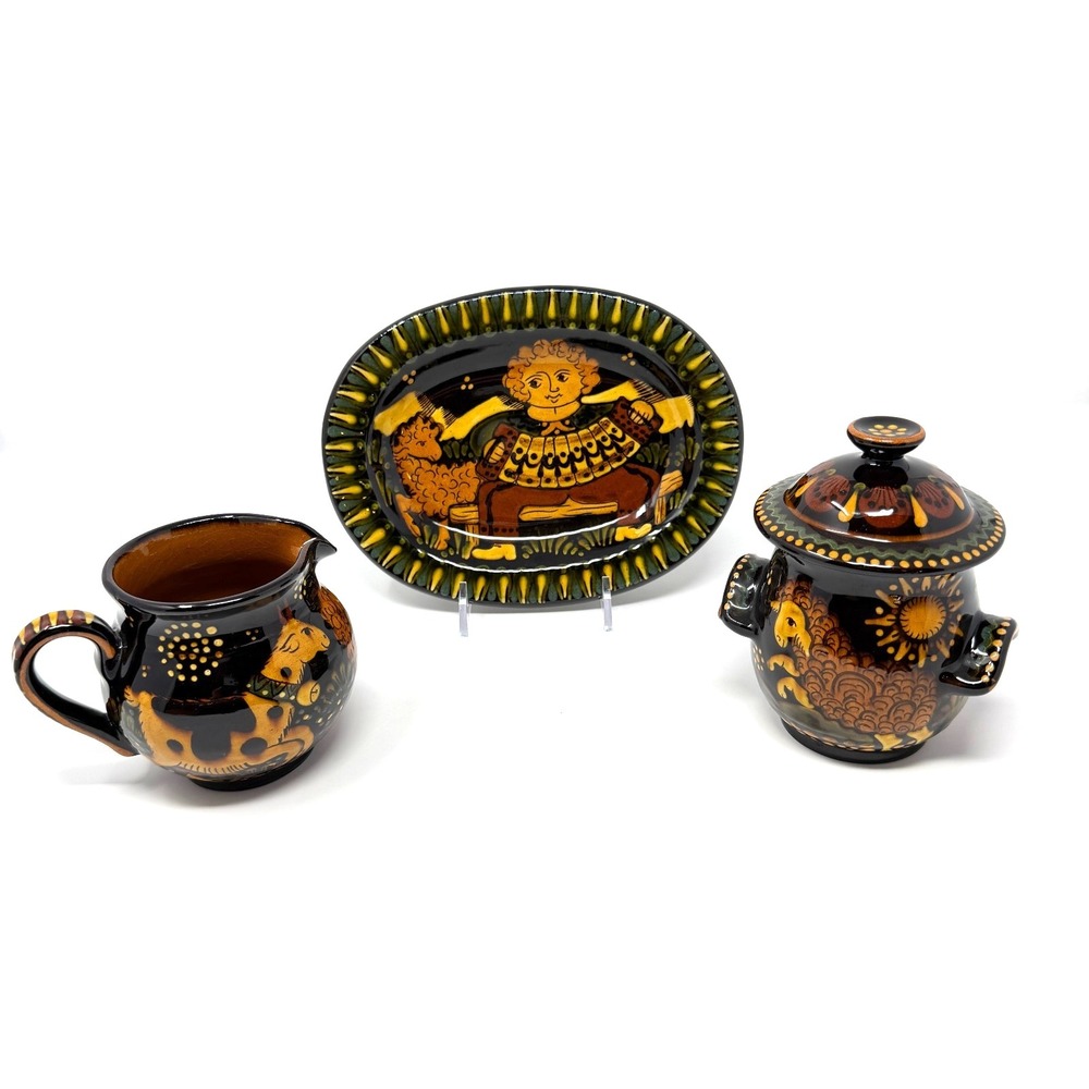 Vintage Peter Reber Swiss Folk Art Pottery 3pc Set Creamer Sugar Bowl Plate